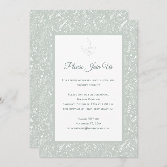 Mint with White Holly Berries Floral Swirls Patter Invitation (Front/Back)