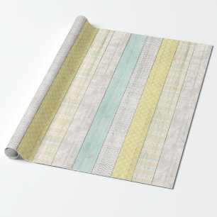 Mint & Yellow Boho Geometric Pattern Rustic Wood Wrapping Paper
