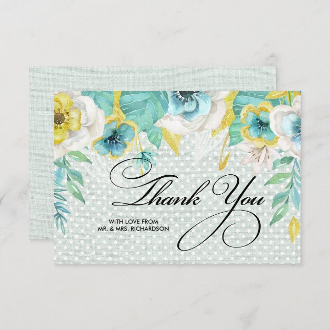 Mint | Yellow Floral Thank You Wedding Card (Front/Back)