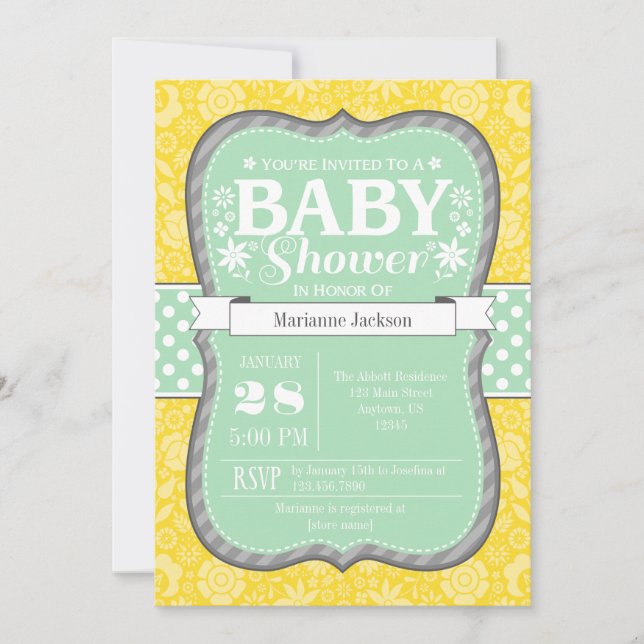 Mint Yellow Grey Floral Flower Baby Shower Invite (Front)