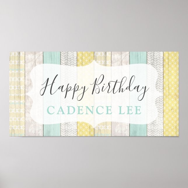 Mint & Yellow Rustic Cottage Wood Happy Birthday Poster (Front)