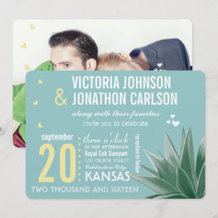 Mint & Yellow Succulent Modern Typography Wedding Invitation