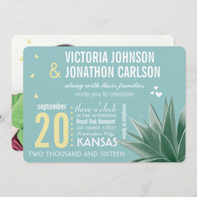 Mint & Yellow Succulent Modern Typography Wedding Invitation (Front/Back)