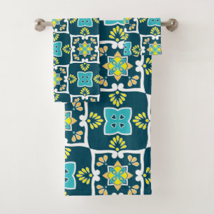 Minty and teal Azulejos with yellow elements Bath Towel Set