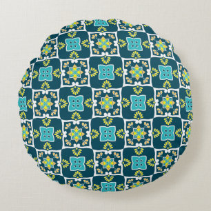 Minty and teal Azulejos with yellow elements  Round Cushion