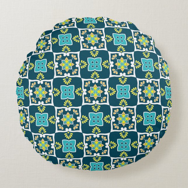 Minty and teal Azulejos with yellow elements  Round Cushion (Front)