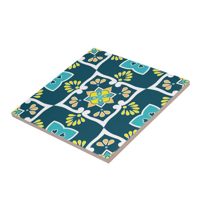 Minty and teal Azulejos with yellow elements Tile (Side)