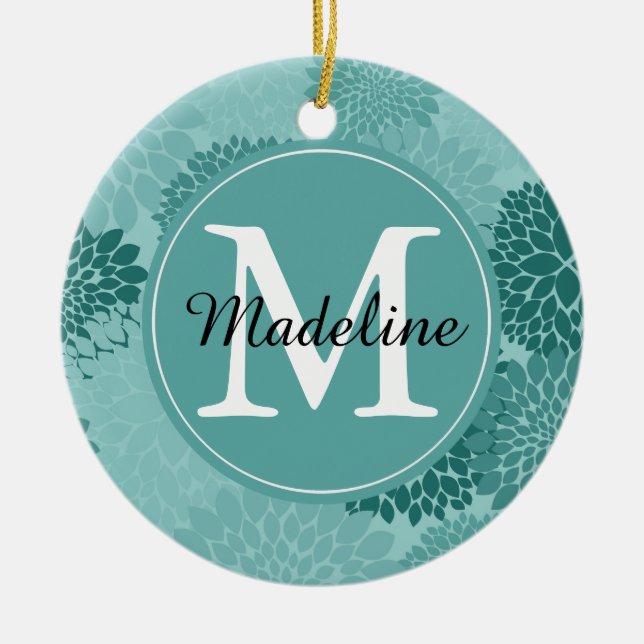 Minty Flowers Monogram Ceramic Tree Decoration (Front)