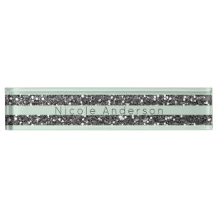 Minty Mint Green & Silver Glitter Stripes Sparkle Nameplate