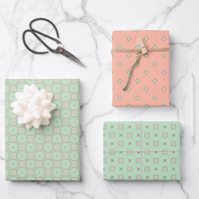 Minty Peach Serenade Wrapping Paper Flat Sheet Set (Front)