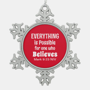 Miracle Bible Verse Christian Faith Red  Snowflake Pewter Christmas Ornament
