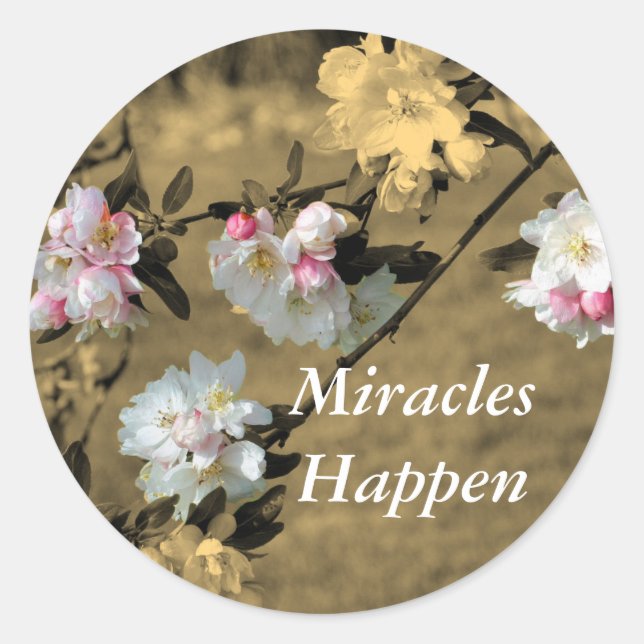 Miracles Happen Blossoms Inspirational Classic Round Sticker (Front)