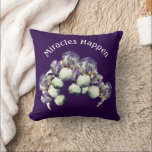 Miracles Happen Iris Flowers Inspirational Cushion<br><div class="desc">Pretty purple and white bearded iris flowers bouquet design by Susan on a dark background with the inspirational words Miracles Happen.</div>
