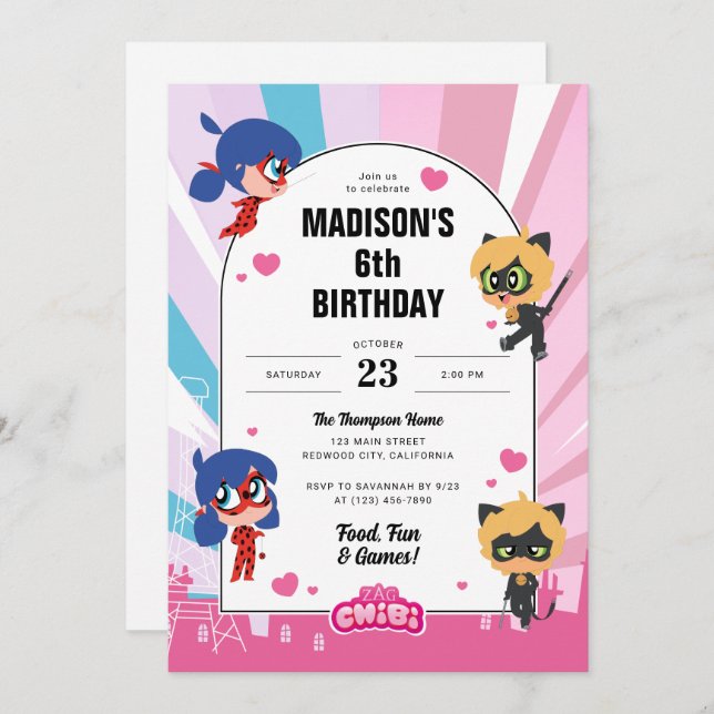 Miraculous Ladybug & Cat Noir Chibi Birthday Invitation (Front/Back)