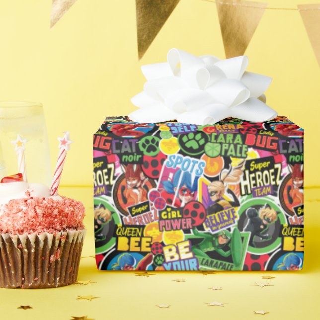 Miraculous Superhero Characters Pattern Wrapping Paper (Birthday Party)