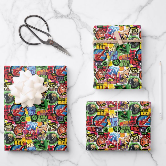 Miraculous Superhero Characters Pattern Wrapping Paper Sheet (Front)