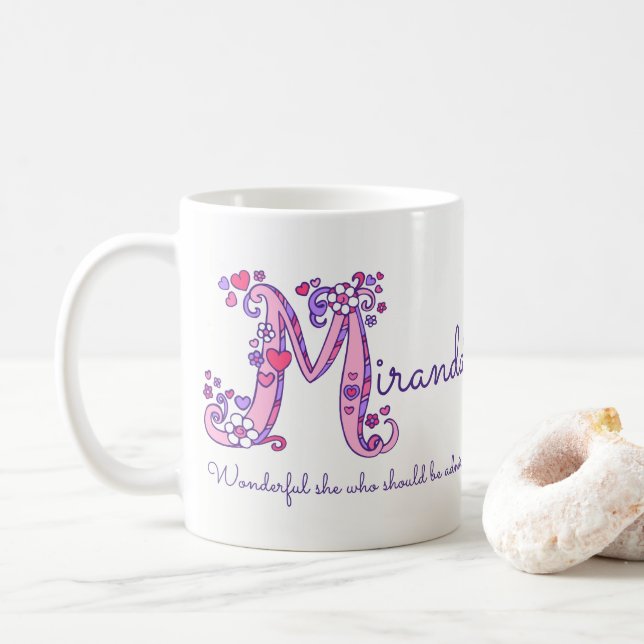 Miranda name meaning heart flower M monogram mug (With Donut)