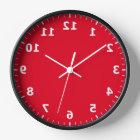 Mirror Image Clock - Red Backward Numbers Clock