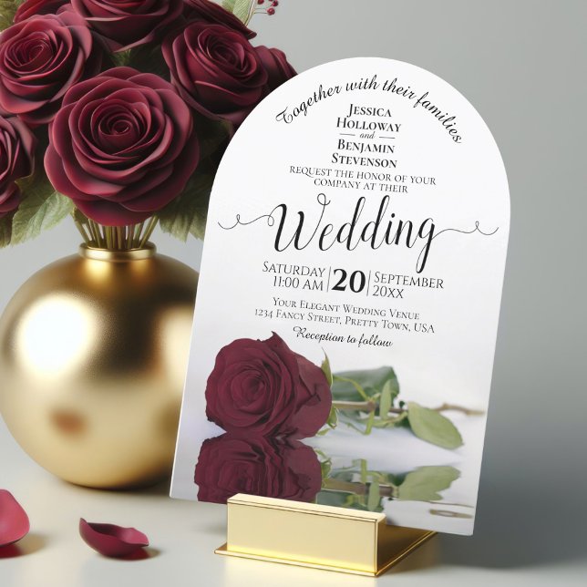 Mirrored Burgundy Rose Elegant Arch Wedding Invitation (With Arch Cut)