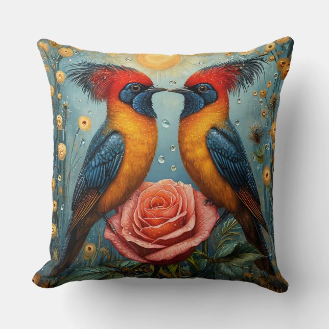 Mirrored Exotic Birds Above Pink Rose Romantic Cushion (Front)