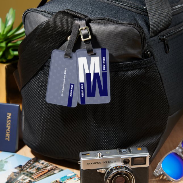 Mirrored Monogram (initial & name) Blue Luggage Tag (Front & Back)