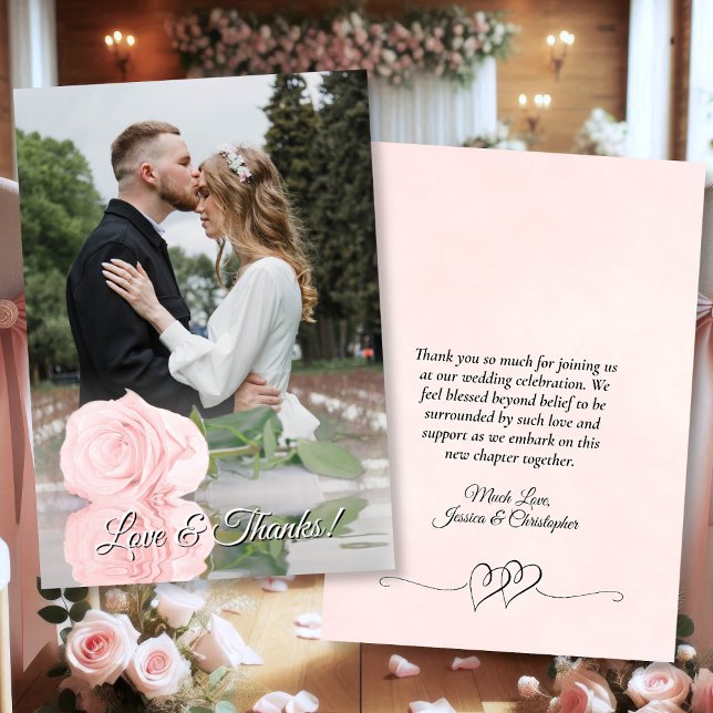 Mirrored Pink Rose Elegant Wedding Photo Overlay Thank You Card (Front/Back)