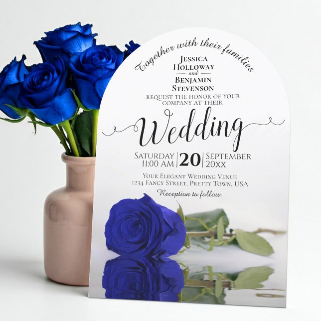 Mirrored Royal Blue Rose Elegant Arch Wedding Invitation (Creator Uploaded)