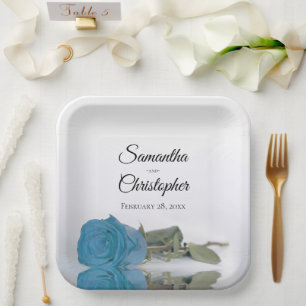 Mirrored Turquoise Blue Rose Elegant Wedding Paper Plate