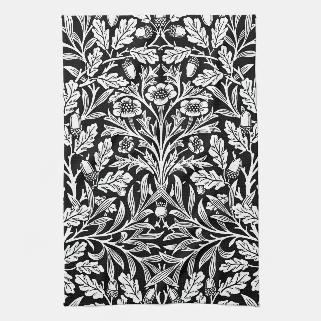 Mirrors's Acorns and Oak Leaves Black & White Tea Towel (Vertical)