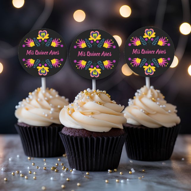 Mis Quince Anos Black Pink Yellow Mexican Fiesta Classic Round Sticker (Stickers, envelope seals, cupcake toppers .. from my Mexican Fiesta Party Quinceanera Collection 
)