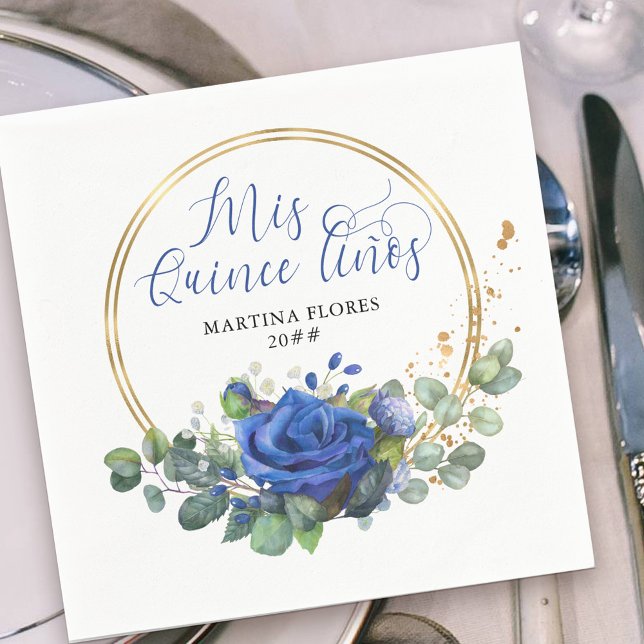 Mis Quince Anos Blue Rose and Eucalyptus Party Napkin (Elegant Mis Quince Anos napkins with elegant blue rose floral arrangement in gold frame.)