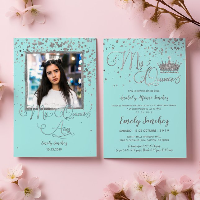 Mis Quince Anos Blue Silver Trendy Spanish Photo I Invitation (Creator Uploaded)