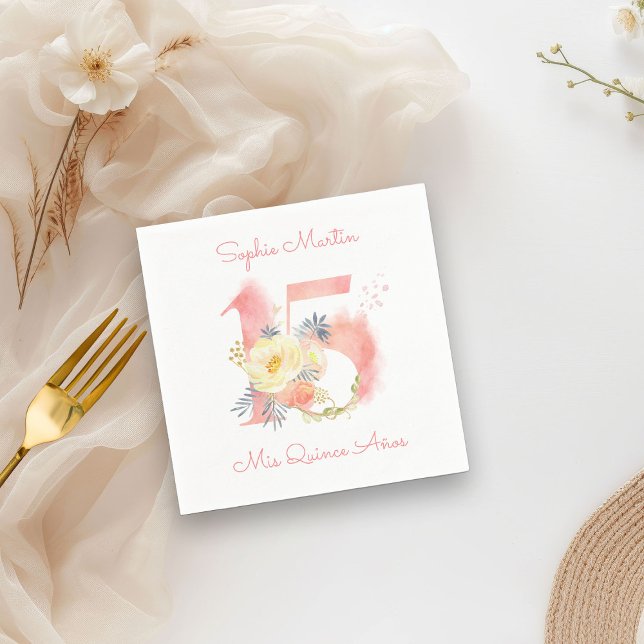 Mis Quince Anos Blush Pink Floral 15 Birthday Napkin (Cocktail Napkins from my Blush Pink Number 15 Quinceanera collection
)