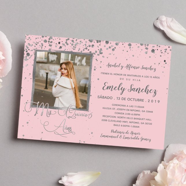 Mis Quince Anos Blush Pink Silver Confetti Photo Invitation (Creator Uploaded)
