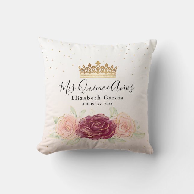 Mis Quince Anos Burgundy Blush Gold Quinceanera Cushion (Front)
