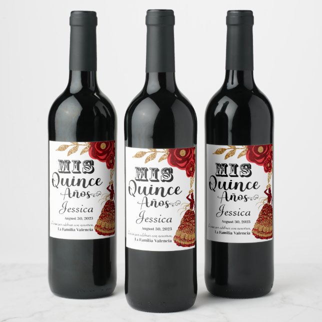 Mis Quince Anos Burgundy Floral Western Wine Label (Bottles)