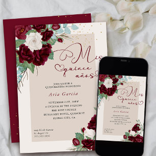 Mis Quince Anos Burgundy Ivory Floral Quinceanera Invitation