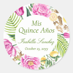 Mis Quince Años Floral Peonies Lemons Quinceañera  Classic Round Sticker