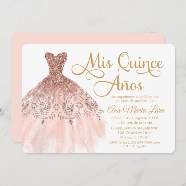 Mis Quince Años Invitación de Quinceañera Rosada Invitation (Front/Back)