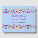 Mis Quince Anos Light Blue Floral Quinceanera Guest Book<br><div class="desc">Personalise this super pretty, light blue Quinceanera Guest Book for your girly Quinceanera. The Mexican Fiesta theme has shapely borders of folk art style flowers which run seamlessly across the front and back on a light blue background. The front cover has beautiful calligraphy on the front cover reads "Quinceañera Guest...</div>