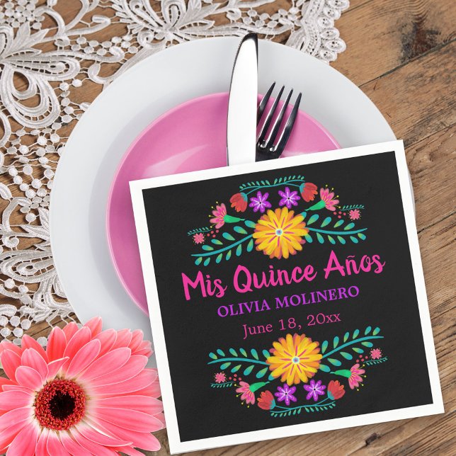 Mis Quince Anos Mexican Fiesta Quincenera Black Napkin (Mis Quince Quinceanera napkins from my Mexican Fiesta Floral collection
)