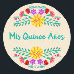 Mis Quince Anos Mexican Floral Party Invitation Classic Round Sticker<br><div class="desc">Mis Quince Años envelope seals on handy sticker sheets for your invitation envelopes, gift wrap and party decorations. This fun and vibrant design features Mexican Folk Art flowers - perfect for a Mexican Fiesta Party theme. The pretty turquoise green wording reads "Mis Quince Años" in cute calligraphy and sits between...</div>