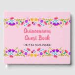 Mis Quince Anos Mexican Floral Pink Quinceanera Guest Book<br><div class="desc">Personalise this super pretty, pink Quinceanera Guest Book for your traditional or girly Quinceanera. The Mexican Fiesta theme has shapely borders of folk art style flowers which run seamlessly across the front and back. The front cover has beautiful calligraphy on the front cover reads "Quinceañera Guest Book" in pink, followed...</div>