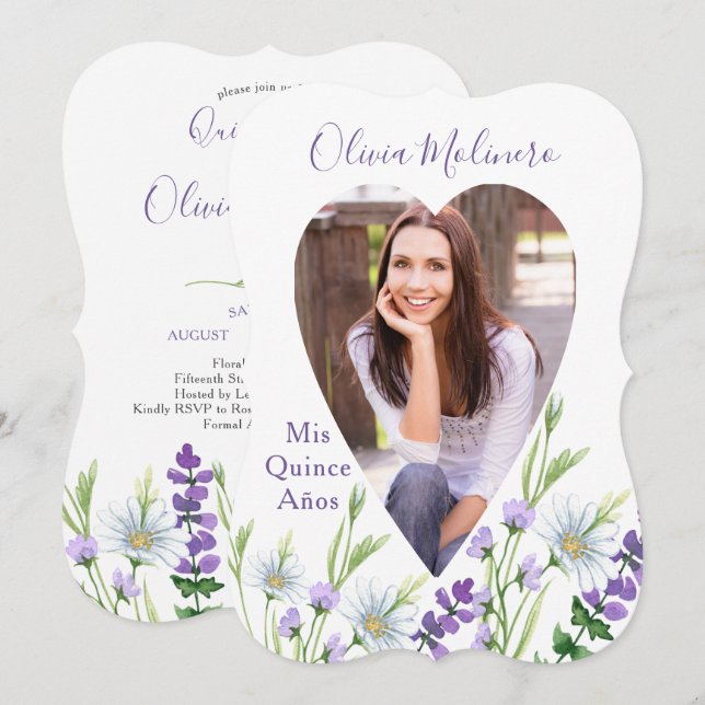 Mis Quince Anos Photo Purple Floral Quinceanera Invitation (Front/Back)