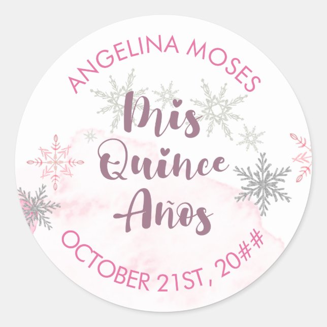Mis Quince Anos Pink and Silver Snowflake Classic Round Sticker (Front)