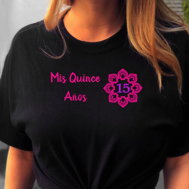 Mis Quince Anos Pink Lace Flower Quinceanera Black T-Shirt (Quinceanera tee from my Mexican Fiesta Floral collection)