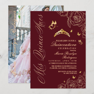 Mis Quince Años Red and Gold Floral Invitation