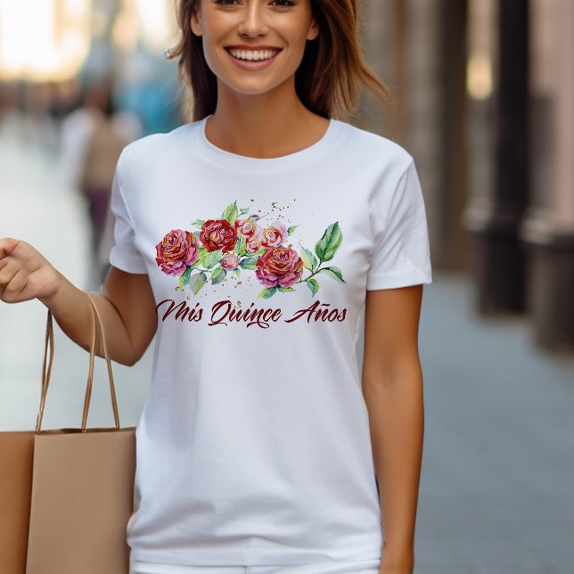 Mis Quince Anos Red Roses Floral Quinceanera T-Shirt (Mis Quince birthday t-shirt from my Vintage Floral Red Roses Quinceanera Collection)