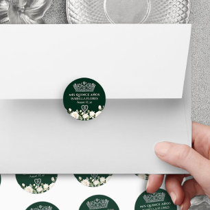 Mis Quince Anos Tiara and Roses Green Quinceanera Classic Round Sticker