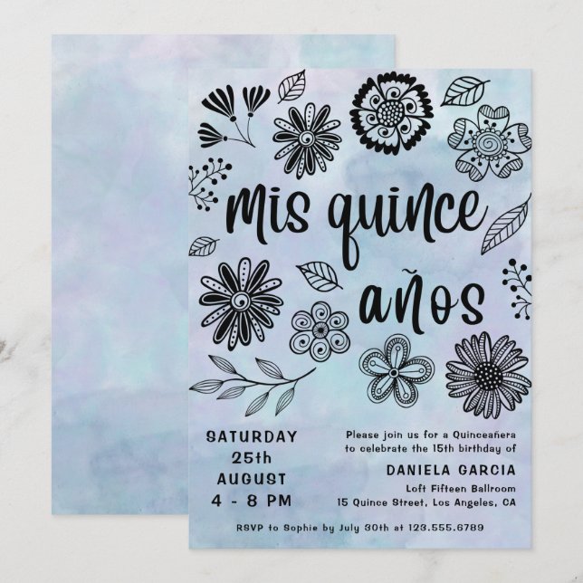 Mis Quince Años Watercolor Blue Floral Quinceañera Invitation (Front/Back)